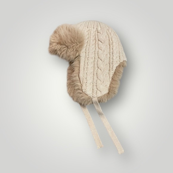 Anthropologie Trapper Hat Women One Size Cream Tan Cable Knit Faux Fur Aviator